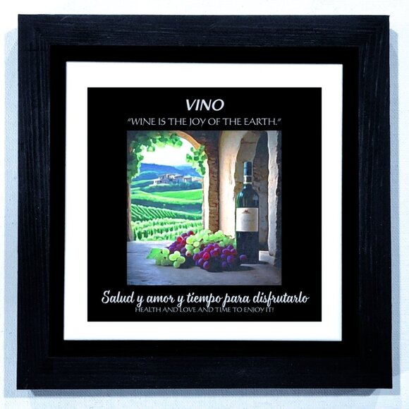 WALL ART -- VINO. 8X8 INCHES. A RAISED TILE IN A BLACK FRAME - Picture 1 of 3